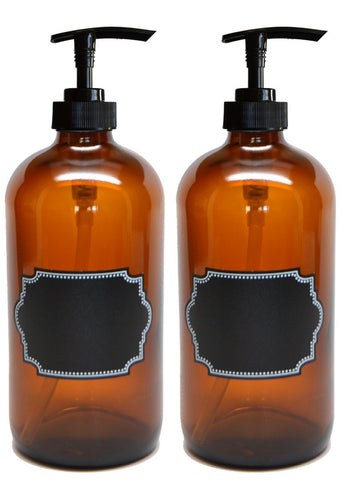 2 Pack Firefly Craft Amber PLASTIC Pump Bottles with Chalkboard Labels, 16 ounces each