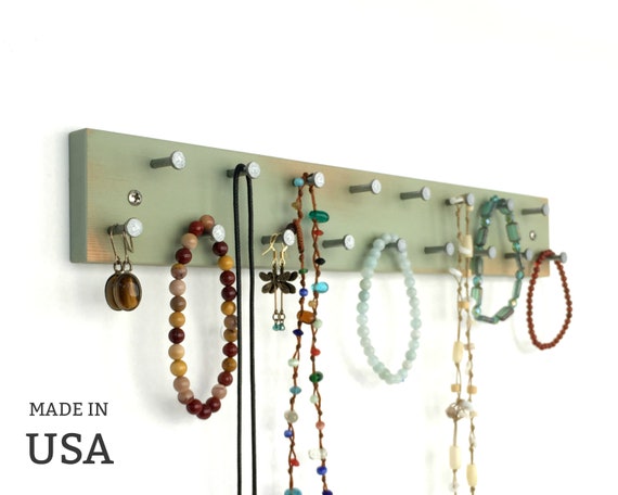 Jewelry Rack, Long, Green Wall Mountable, for Necklaces, Rings and Earrings, by andrewsreclaimed