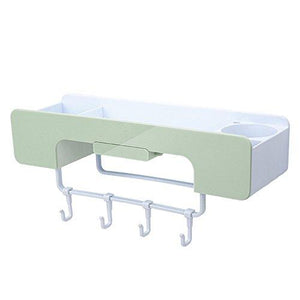 ISUE Adhesive Bathroom Organizer and Storage Wall Mount Shelf for Shampoo,Skin-Care Products with Hairdryer Holder,Towel Bar,Hanger Hooks,No Hole No Trace Green