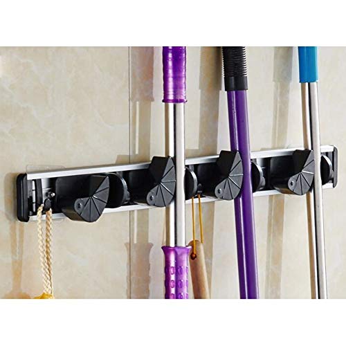 Asenart Wall-Mounted Broom and Mop Holder- Mop Shelf Holder Toilet Hang Space Bathroom Accessories Special Hook Kitchen Organizer (4 Position 5 Hooks, Black)
