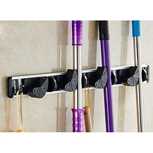 Asenart Wall-Mounted Broom and Mop Holder- Mop Shelf Holder Toilet Hang Space Bathroom Accessories Special Hook Kitchen Organizer (4 Position 5 Hooks, Black)
