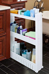 Powerocean Gap Storage Slim Slide Out Tower Rack Shelf with Wheels for Laundry, Bathroom & Kitchen 3-tier