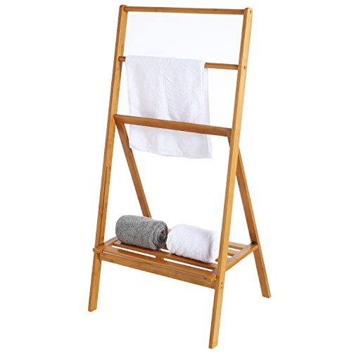 MyGift Freestanding 43-Inch Bamboo Folding Towel Stand with Shelf, Brown