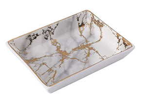 Nordic Golden Striped Marble Plate - Ceramic Jewelry Tray, Ring Holder, Bracelets Plate, Dessert Dish - Perfect for Holding Small Jewelries, Rings, Necklaces, Earrings, Bracelets, Cosmetics, etc.