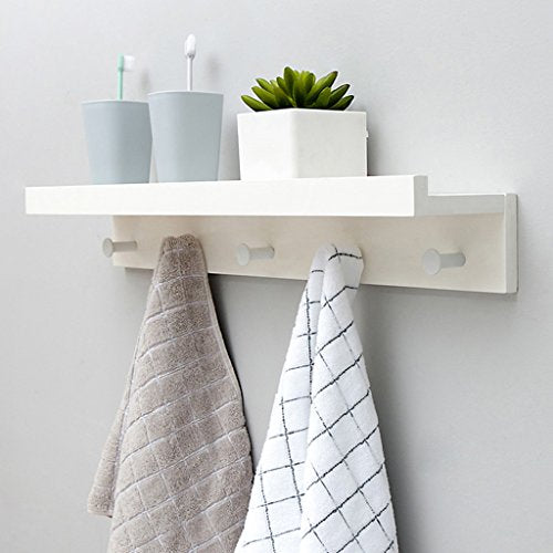 Coat Rack Wall-Mounted Shelf Bamboo Wooden Hook Rack with 5 Alloy Hooks and Upper Shelf for Storage for Entryway Hallway Bathroom Living Room Bedroom Kitchen,White