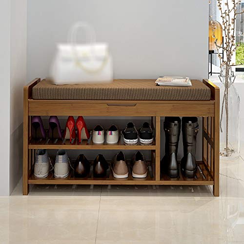 ZR- Shoe Rack Wood Organiser Stand Small 2 Tier Shelf Bench with Seat Box Storage Cabinet/Oak Effect Cushion (Size : with storage-70cm)