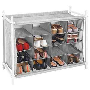 mDesign Soft Fabric Shoe Rack Holder & Organizer - 16 Cube Storage Shelf for Closet, Entryway, Mudroom, Garage, Kids Playroom - Metal Frame, Easy Assembly - Closet Organization - Gray/White