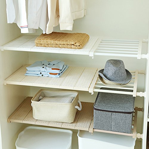 VANCORE Upgraded Adjustable Storage Rack Separator Wardrobe Organizer Cupboard Shelf Expandable Closet Shelf (NO Drilling), Stretch Length:28.7~51.2",Width:11.8", Beige