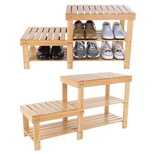 Lavish Home 83-58 Bamboo Shoe Rack Bench with 2 Tiers of Shelves and 2 Heights-Seat Storage, Wood