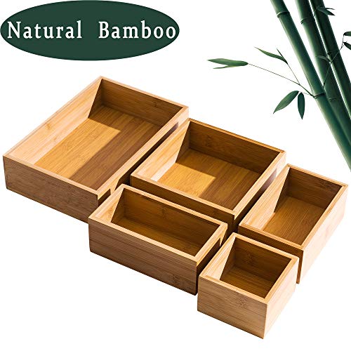 5 Piece Bamboo Drawer Organizer Set, Luxury Wooden Desk Storage Box Kit, Expandable and Multi-use Junk Drawer Organizer for Office, Kitchen, Bedroom, Children Room, Craft, Sewing