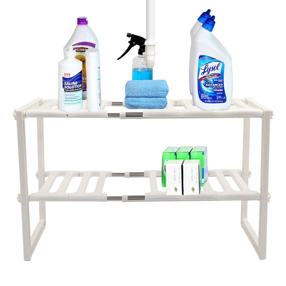Mr Kitchen Rack | White 2-Tier Space Saving Expendable Under Sink Shelf Adjustable Cabinet Storage 12x20-28x15 Inches Size | Sturdy Stainless Steel & PP Materials Kitchen Bathroom Organizer