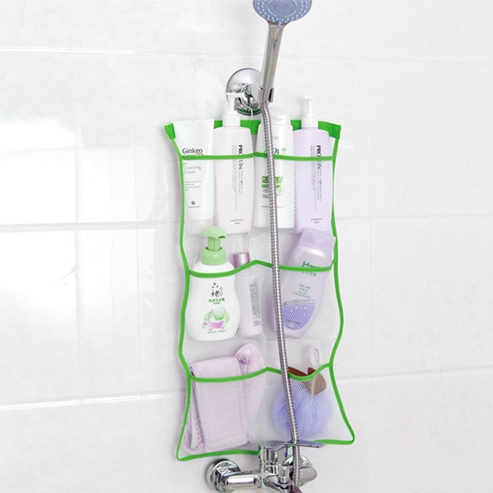 Quick Dry Hanging Bath Organizer with 6 Pockets, Hang on Shower Curtain Rod/Liner Hooks, Shower Organizer, Mesh Shower Organizer, Bathroom Accessories (Green)