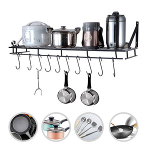 Hanging Pan Rack, 35inch Heavy Duty Wall Mounted Sauce Bottle Pan Pot Organizer Display Storage Holder with 10 Hooks