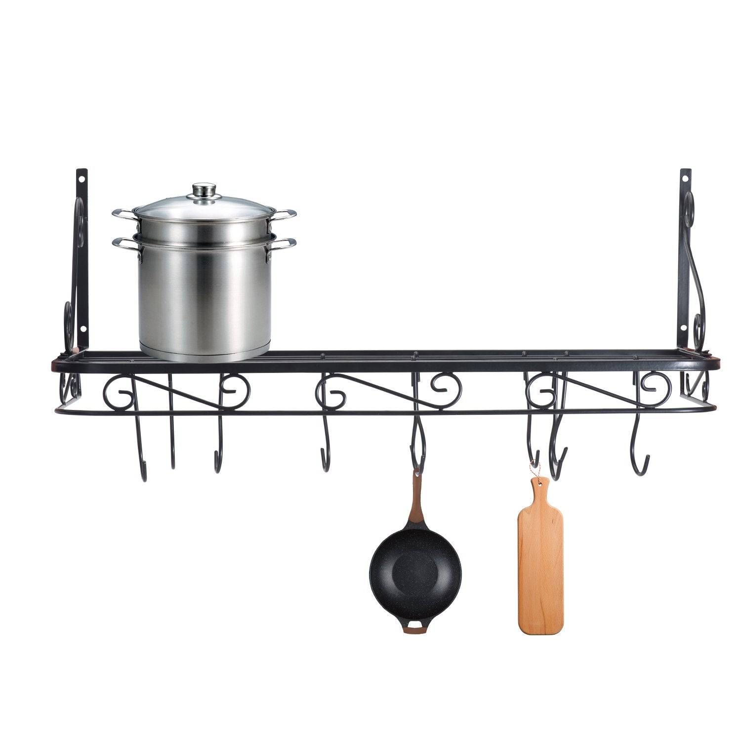 Wall Mounted or Hanging Pots and Pans Rack. Pot Holders Wall Shelves with 12 Hooks. Kitchen Shelves Wall Mounted with Wall Hooks. Kitchen Storage Pot Holder Pot Rack. Pot Pan Organizer. Pot Pa