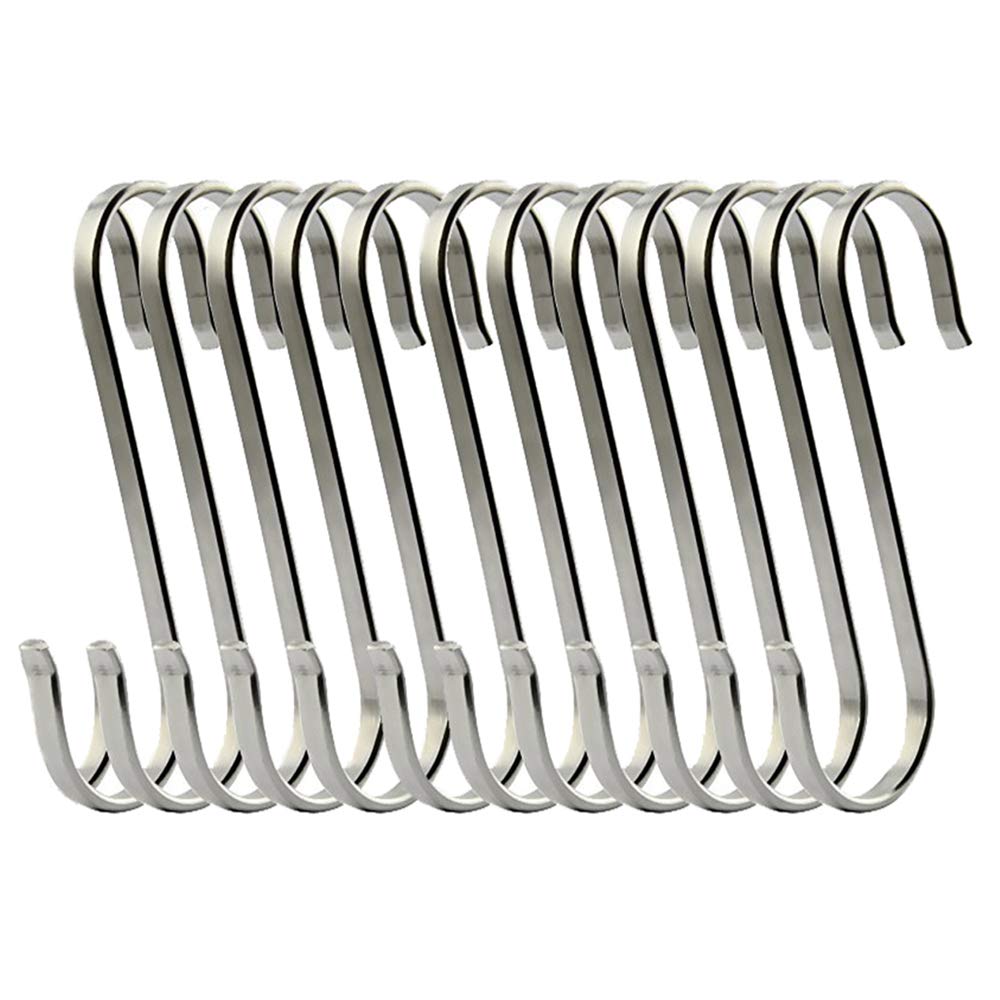 SYOOY 12 PCS Brushed 304 Stainless Steel Flat S Hooks Spoon Pan Pot Hanging Hooks for Kitchen Bathroom Pot Hanger Clothes Storage