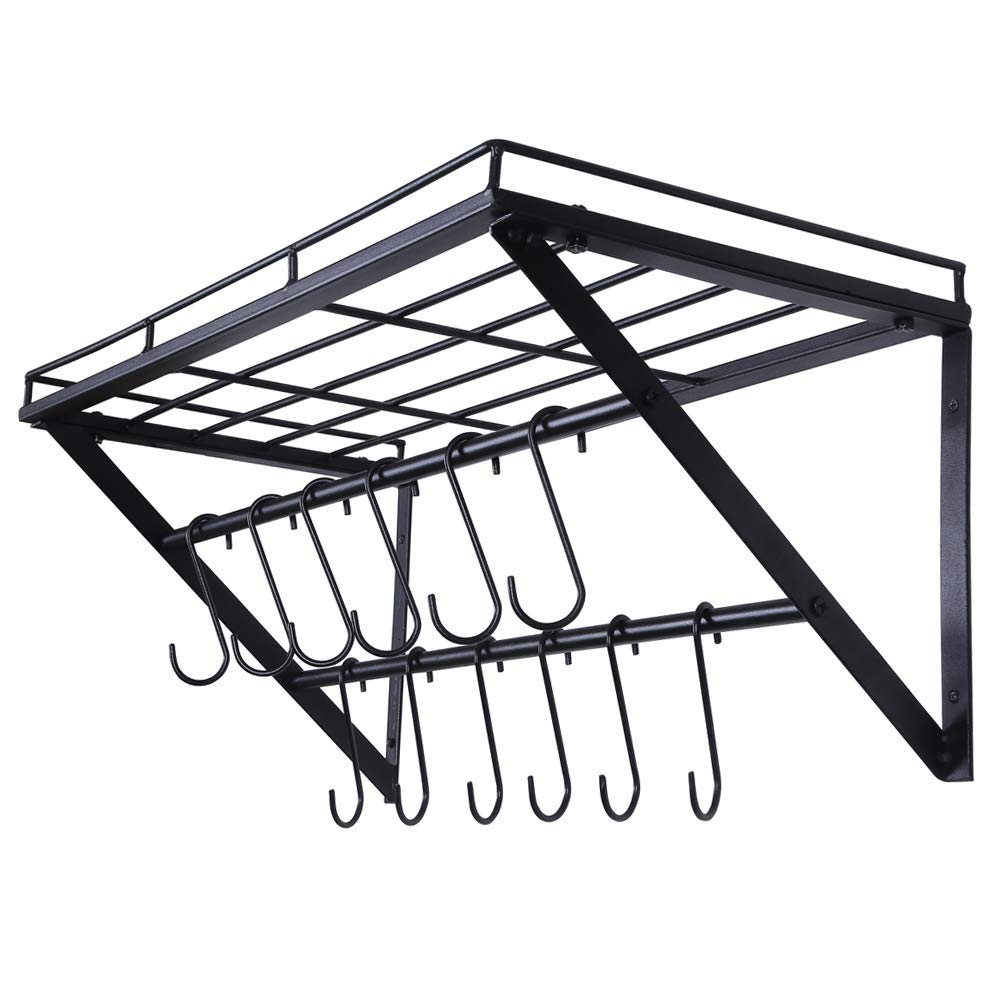 Oropy Wall Mount Hanging Pot Rack Steel Cookware Organizer with Storage Shelf 12 S Hooks included, Ideal for Pans, Utensils, Books, Plant