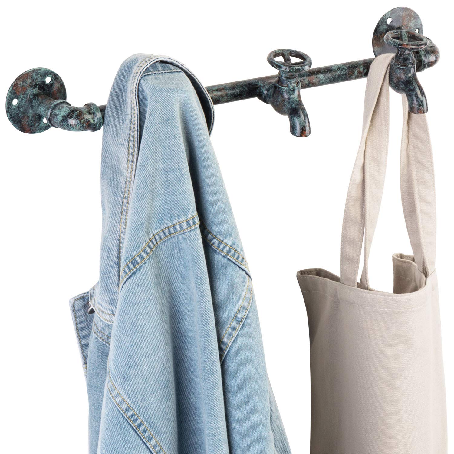 MyGift Rustic Industrial Faucet & Pipe Wall Mounted Iron Coat Hooks Garment Hanger/Towel Rack Bar - Turquoise