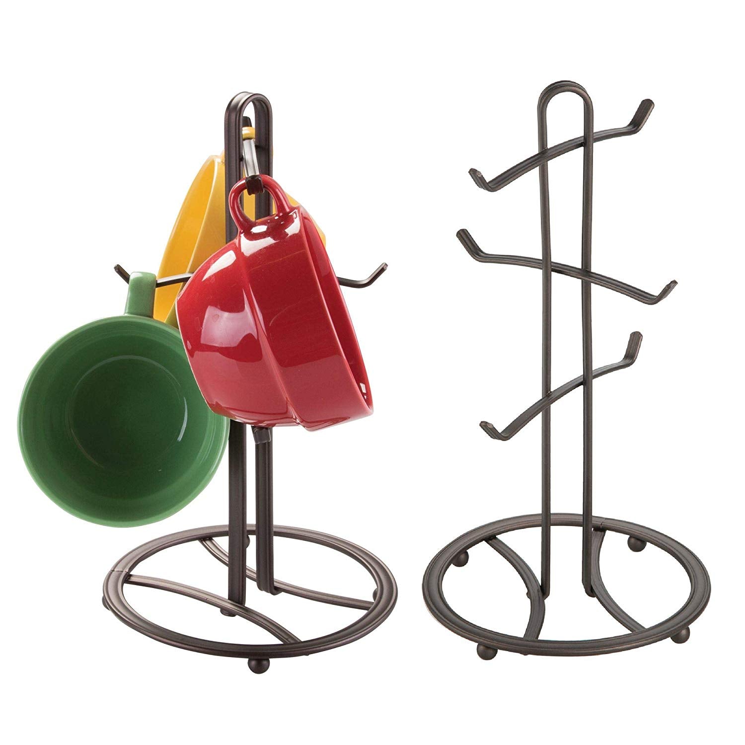 mDesign Decorative Kitchen Countertop Mug Rack Holder Stand for Hanging Coffee Mugs, Tea Cups - Freestanding Compact Mug Tree with 6 Hooks - Pack of 2, Steel Wire in Bronze Finish