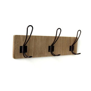 CVHOMEDECO. Country Distressed Entryway Wooden Hook Wall Mount or Door Hanger Clothes Coat Hooks Towel Hat Scarf Bags Rack with Triple Metal Iron Hooks. Light Walnut Color, 15-3/4" X 5-3/4" X 3"D