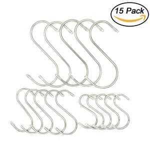 WLine 3 Size Stainless Steel Round S Shaped Hooks Pan Pot Holder Rack Hooks Hanging Hangers for Kitchenware Pots Utensils Clothes Bags Towels Plants,15-Pack