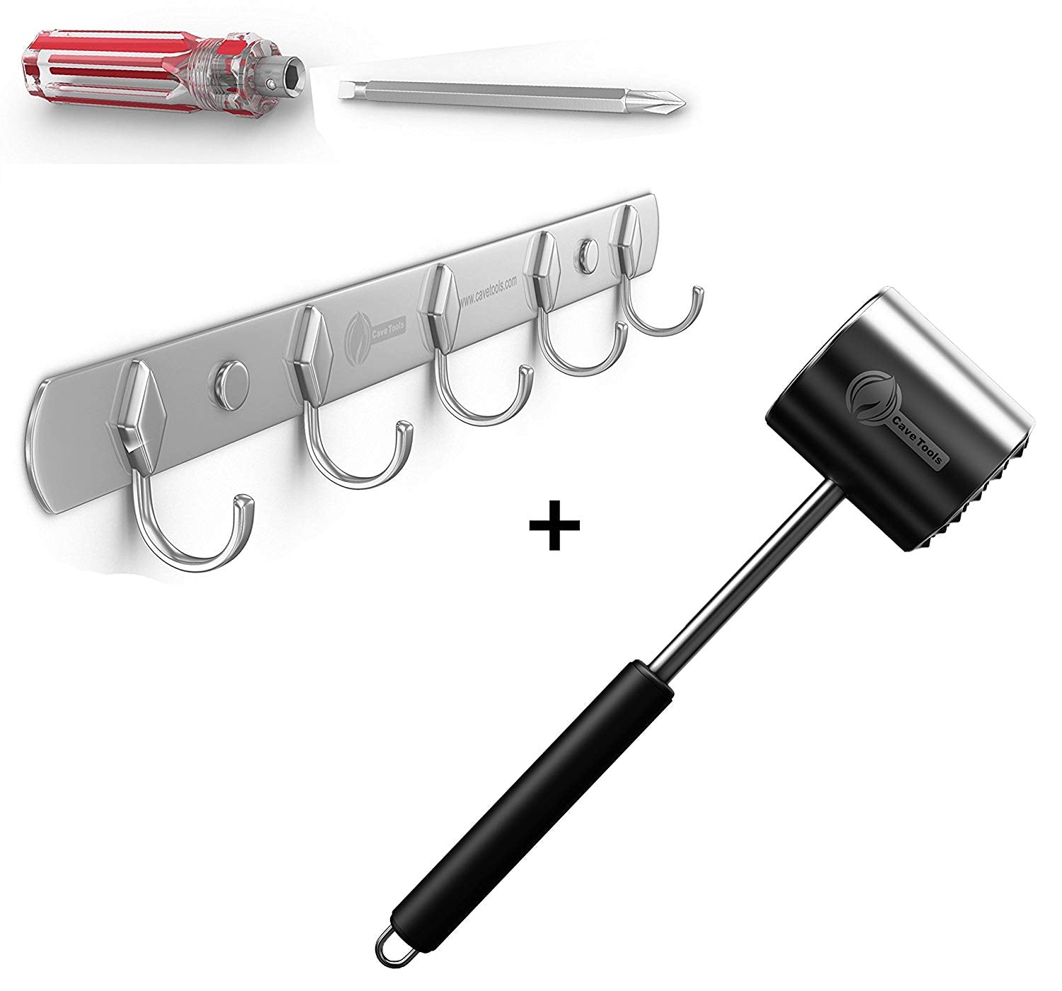 Hook Rack for BBQ Utensils + Meat Tenderizer Mallet Tool - DISHWASHER SAFE & - Hammer Pounder For Tenderizing Chicken Steak Pork & Veal - Non Slip Silicone Handle