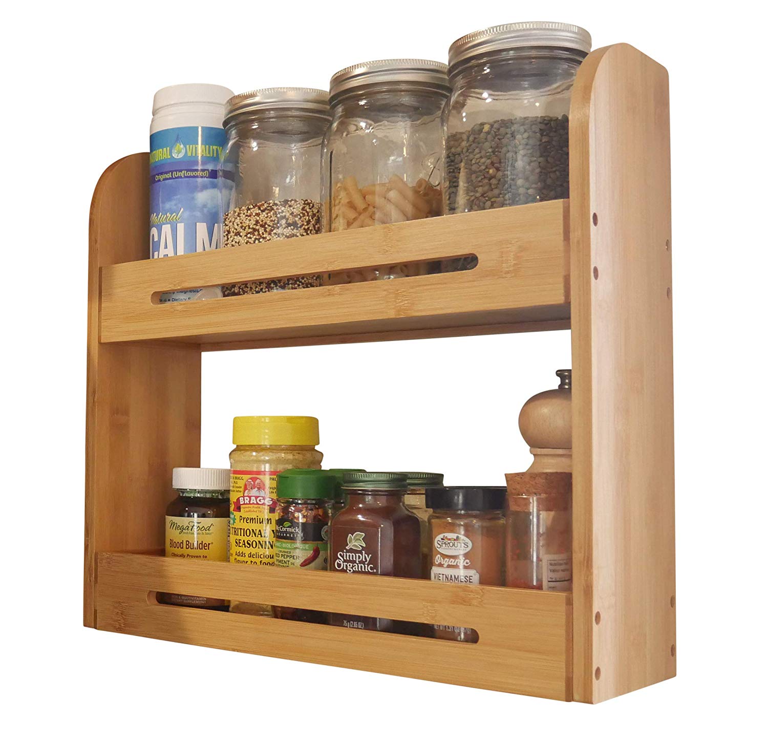 Large Bamboo Spice Rack Stand Two Tiered Wooden Shelf Organizer For Counter Top and Wall Mounted Use | 4 Inch Deep Shelves Fits All Big Sized Bottles Of Spices | Ayurvedic Herbs eBook Included