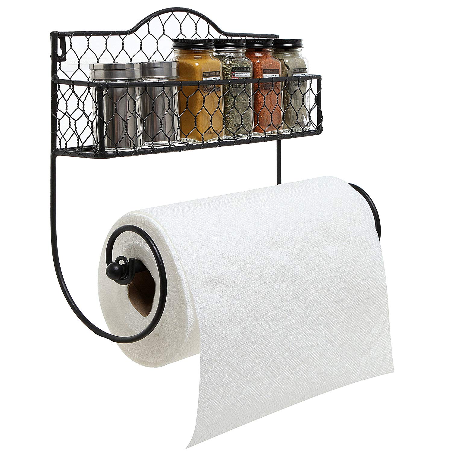 MyGift Wall Mounted Rustic Black Metal Kitchen Spice Rack & Paper Towel Holder/Bathroom Basket & Towel Bar