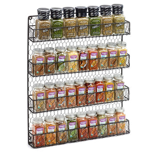 1790 Rustic Chicken Wire Spice Rack - Wall Mount Pantry Organizer - 4 Tiers Black
