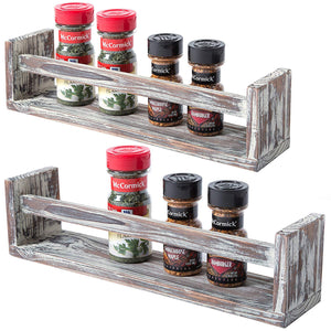 Set of 2 Wall Mounted Dark Brown Torched Wood Finish Spice Racks, Kitchen Storage Shelves
