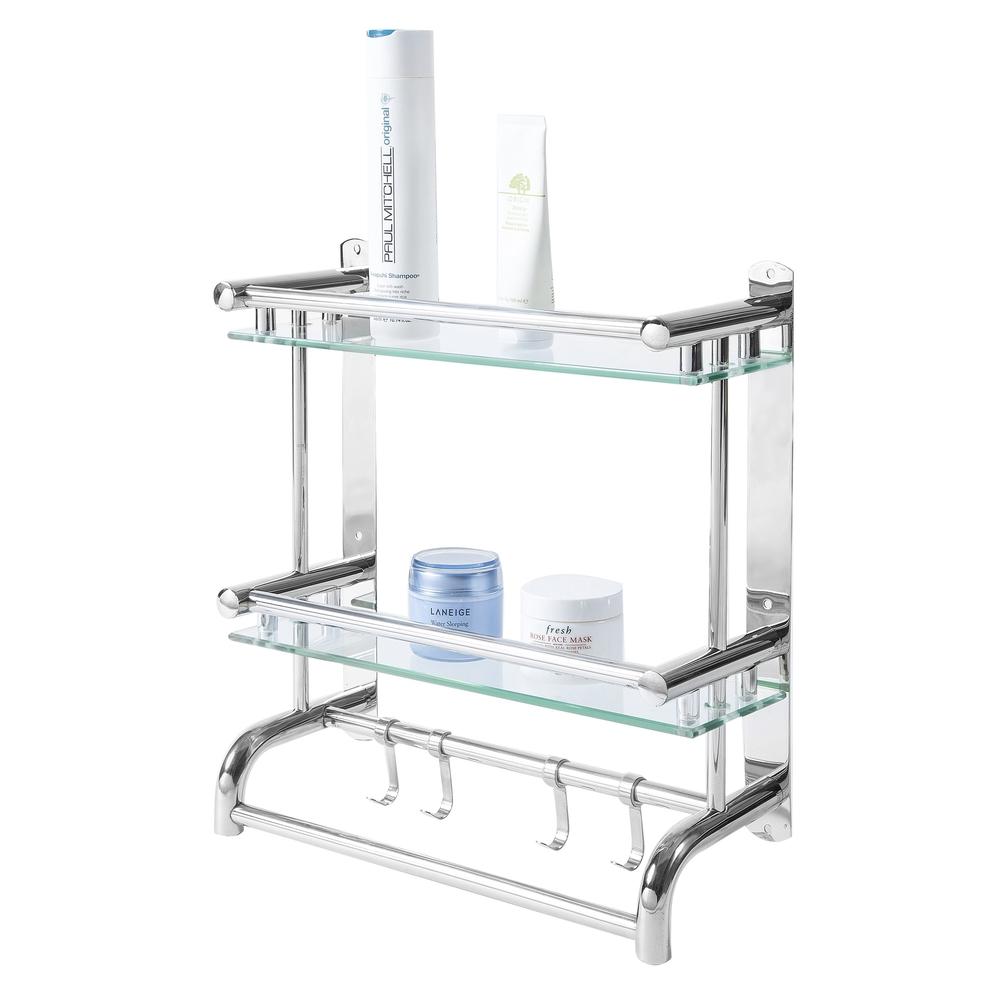 Wall Mounted Stainless Steel Bathroom Rack with 2 Glass Shelves & 2 Towel Bars with Hooks - MyGift Enterprise LLC